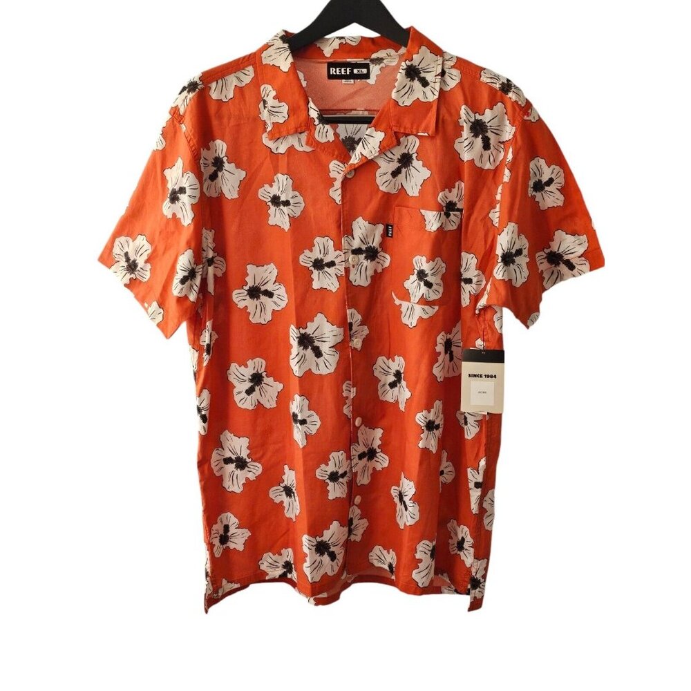 REEF Townley Shirt Size XL Orange Floral Woven Short Sleeve Button Down